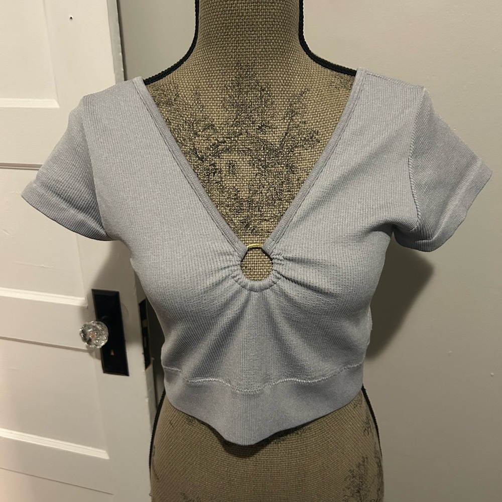 Aerie Light Gray Seamless Ribbed Knit V Neck Crop Top Tee or Bralette